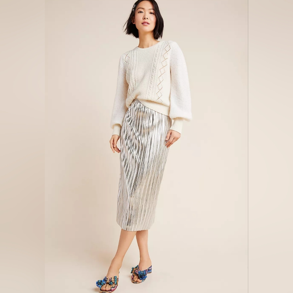 Anthropologie Maeve Nikola Silver Metallic Pleated Midi Skirt 6